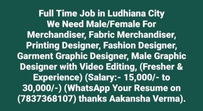 We Need Merchandiser, Fashion Designer in Ludhiana