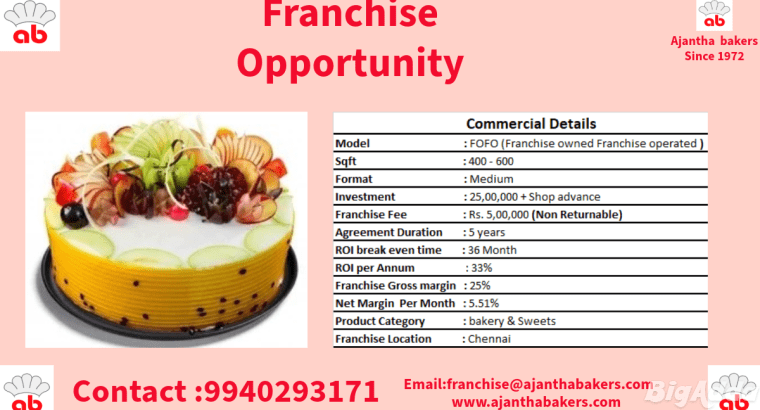 Franchise opportunity (Ajantha Bakers Since 1972)
