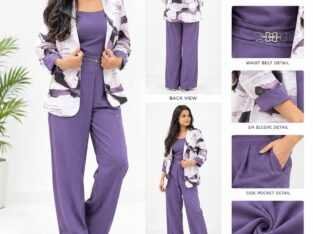 Elegant Printed Jacket & Solid Purple Pants 3-Piec