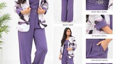 Elegant Printed Jacket & Solid Purple Pants 3-Piec