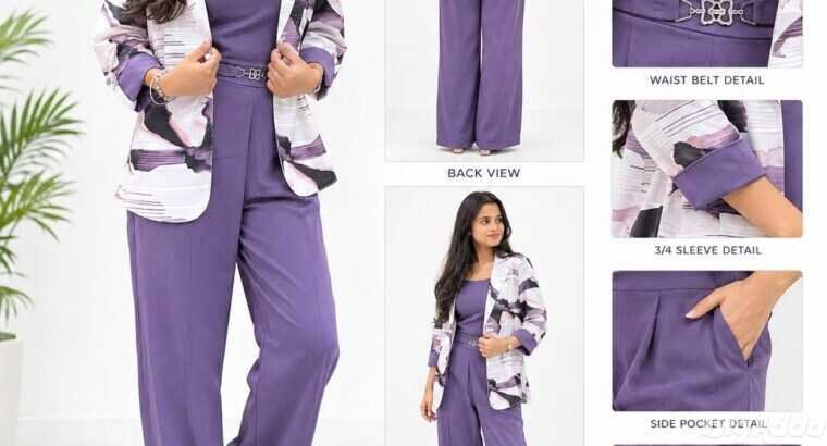 Elegant Printed Jacket & Solid Purple Pants 3-Piec